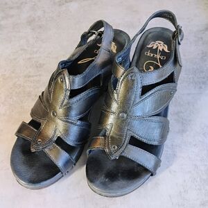Dansko Nina Sandals Graphite Black Flower Block Heel Leather Womens 40 US 9